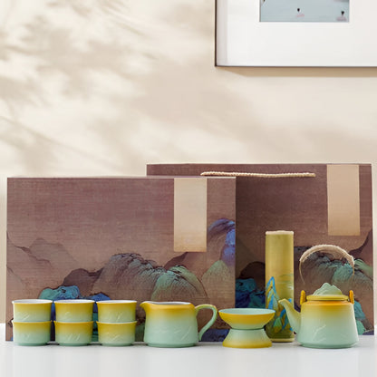 Traditional Asian Ceramic Tea Set with Teapot and Mugs