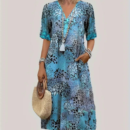 Trendy Animal Print Long Dress - V Neck & Capsule Sleeve
