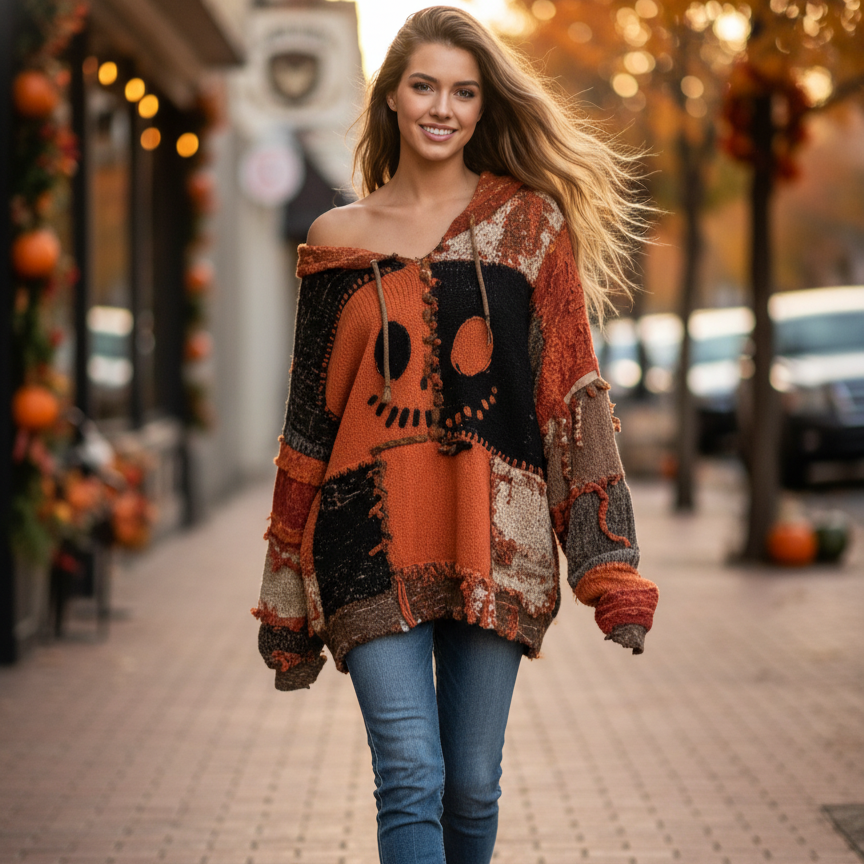 Soft Orange Faux Fur V-Neck Fall Sweater for Women - Hehif