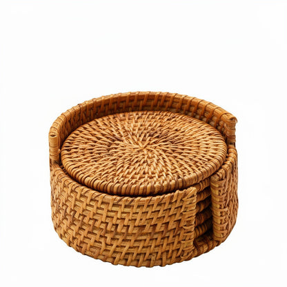 Rustic Bamboo Coaster Set with Storage, 6 Piece Protective Table Set - Hehif