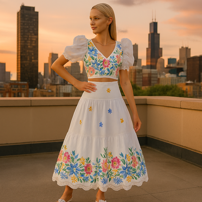 Pretty Ruffled Cropped Top and High Waisted Flared Skirt Set