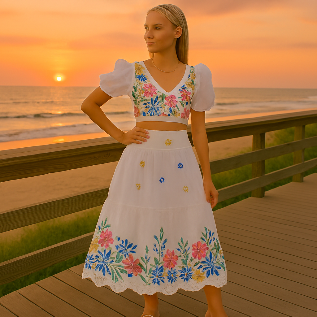 Pretty Ruffled Cropped Top and High Waisted Flared Skirt Set