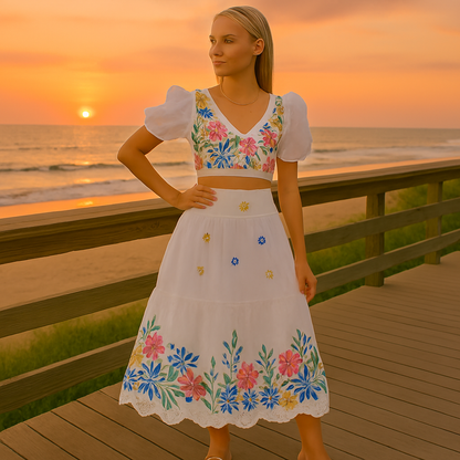 Pretty Ruffled Cropped Top and High Waisted Flared Skirt Set
