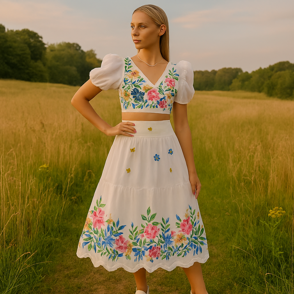 Pretty Ruffled Cropped Top and High Waisted Flared Skirt Set