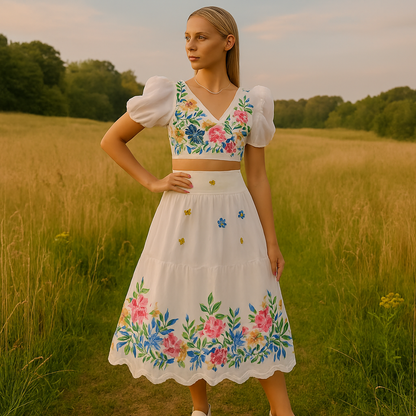 Pretty Ruffled Cropped Top and High Waisted Flared Skirt Set