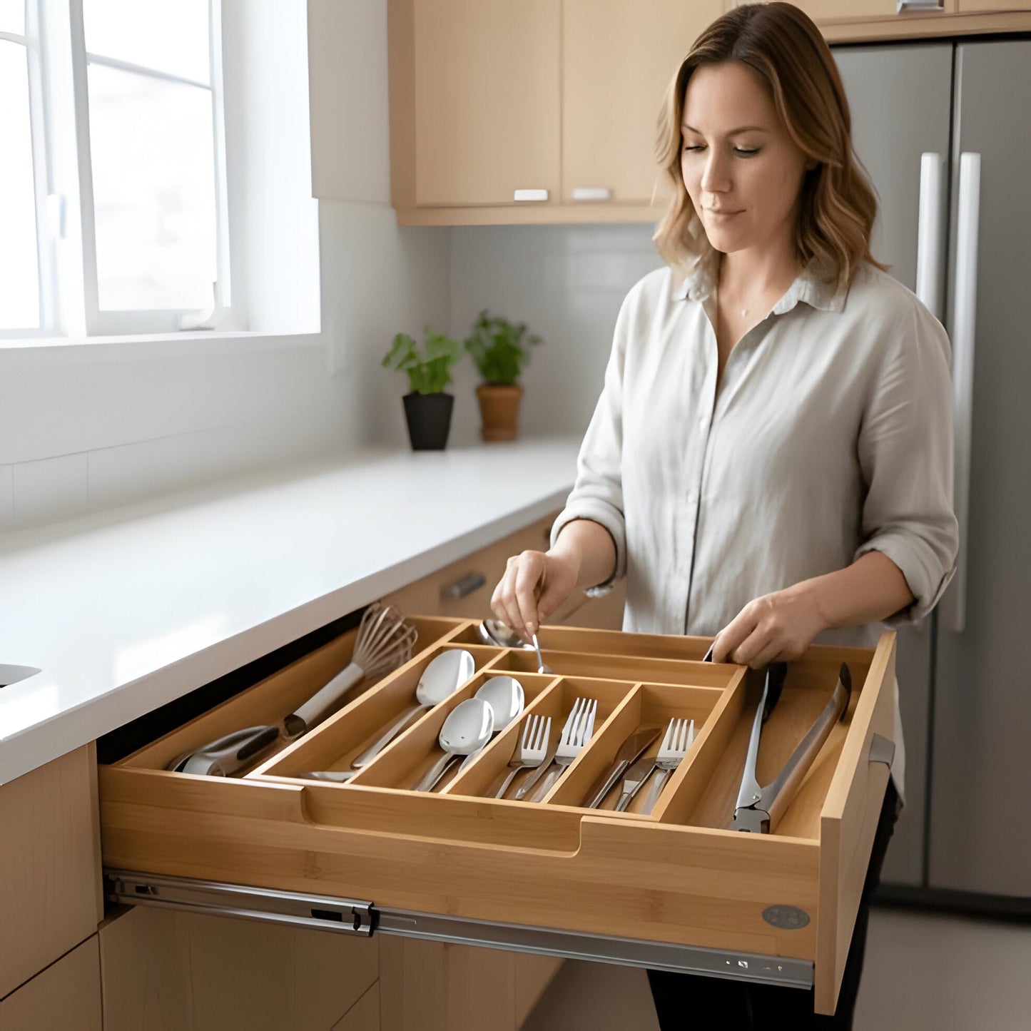 Space Saving Wooden Kitchen Drawer Organizer