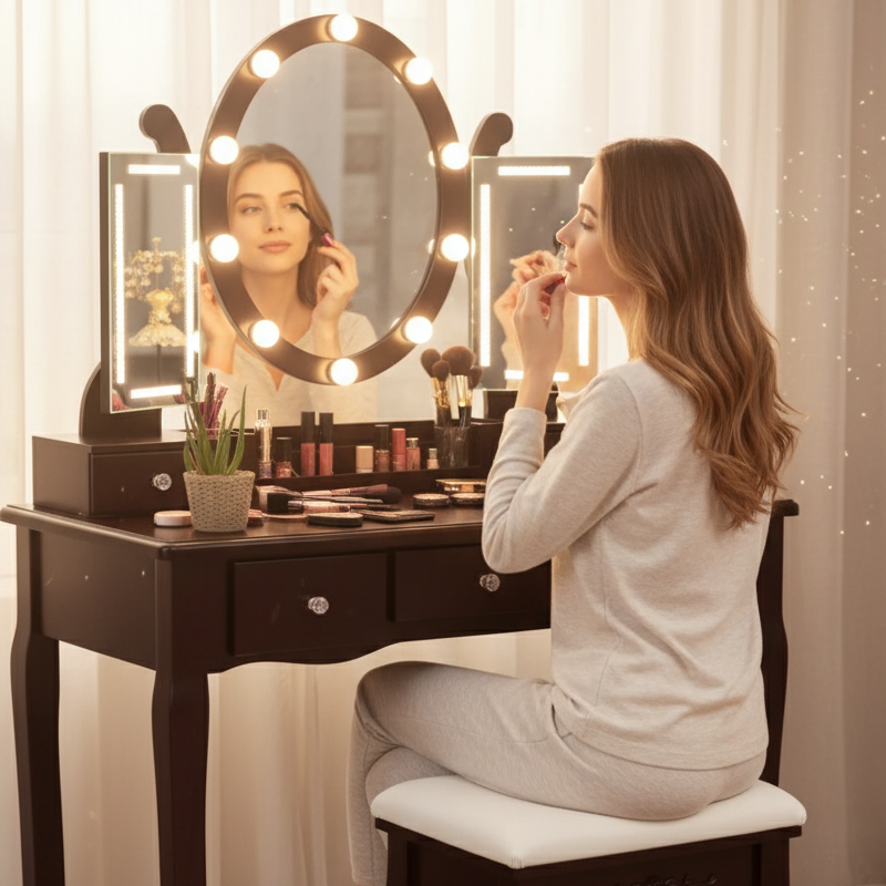 Illuminated Cosmetic Desk with LED Lighted Mirror and Storage - Hehif