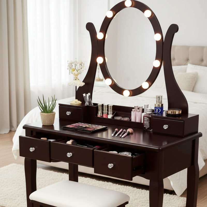 Illuminated Cosmetic Desk with LED Lighted Mirror and Storage