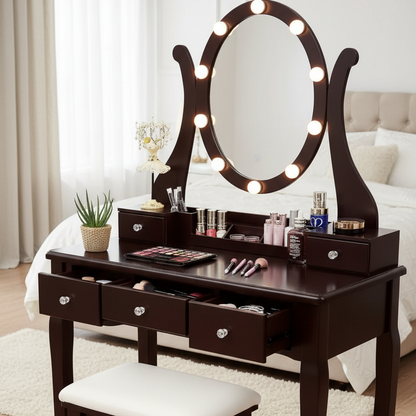 Illuminated Cosmetic Desk with LED Lighted Mirror and Storage