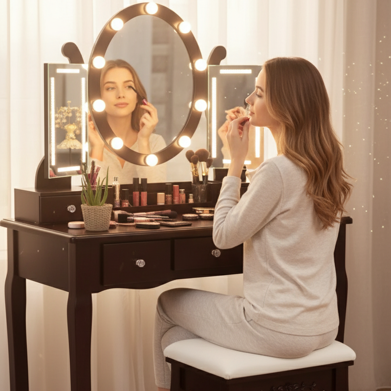 Illuminated Cosmetic Desk with LED Lighted Mirror and Storage