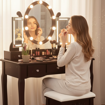 Illuminated Cosmetic Desk with LED Lighted Mirror and Storage