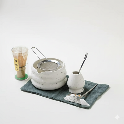 Authentic Green Tea Set with Ceramic Cup and Bamboo Spoon