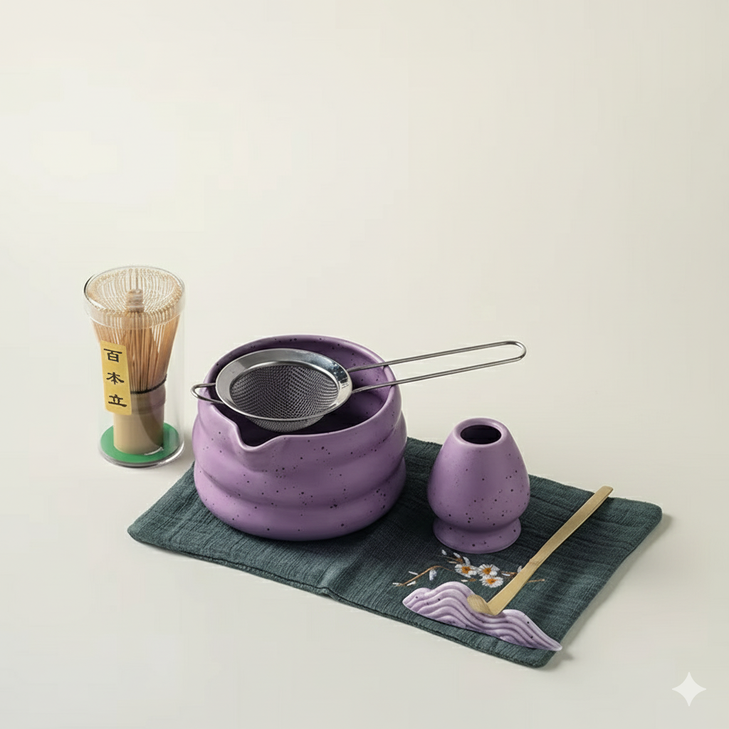 Authentic Green Tea Set with Ceramic Cup and Bamboo Spoon