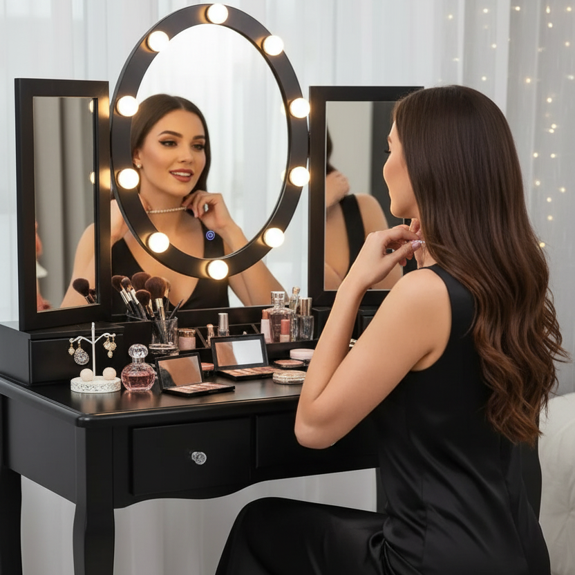 Illuminated Cosmetic Desk with LED Lighted Mirror and Storage