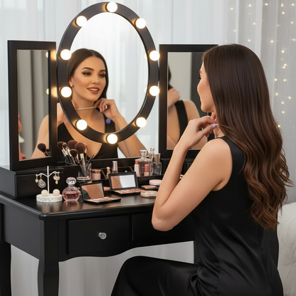 Illuminated Cosmetic Desk with LED Lighted Mirror and Storage