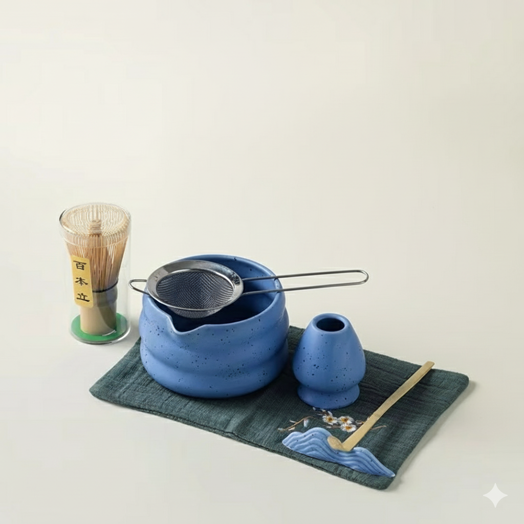 Authentic Green Tea Set with Ceramic Cup and Bamboo Spoon
