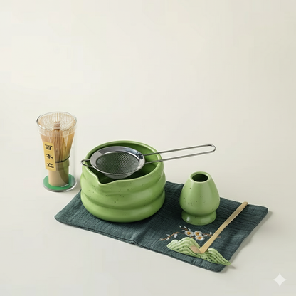 Authentic Green Tea Set with Ceramic Cup and Bamboo Spoon