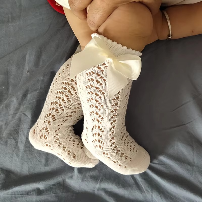 Cute Pink Bow Girls Knee High Net Socks - Hehif