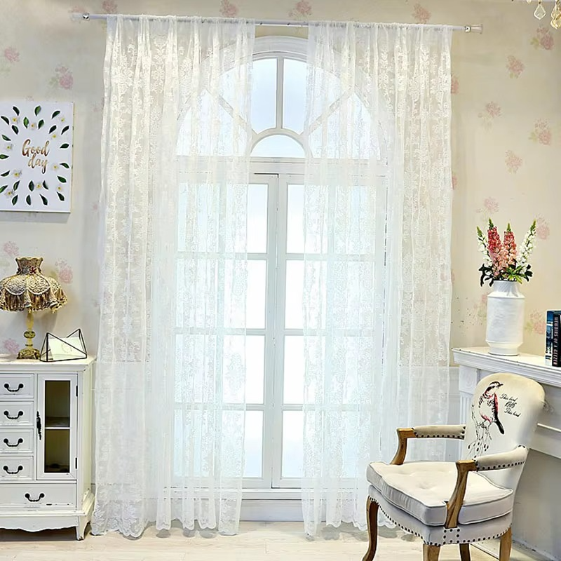 Beautiful Sheer Lace Window Curtains with Flower Pattern - Hehif