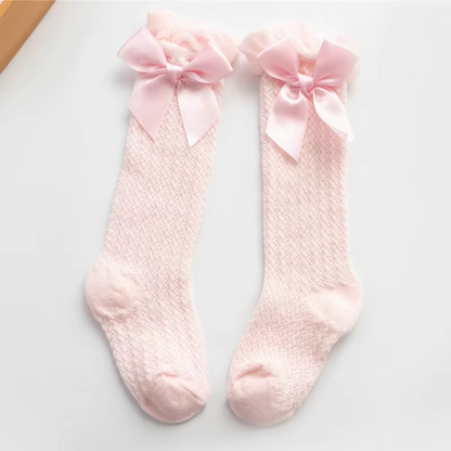 Cute Pink Bow Girls Knee High Net Socks