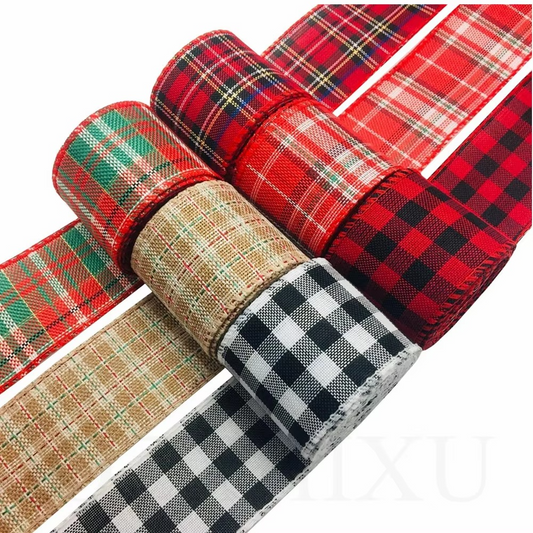 Holiday Plaid Ribbon, Red Green Snowflake Pattern, 6.5 Yards - Hehif