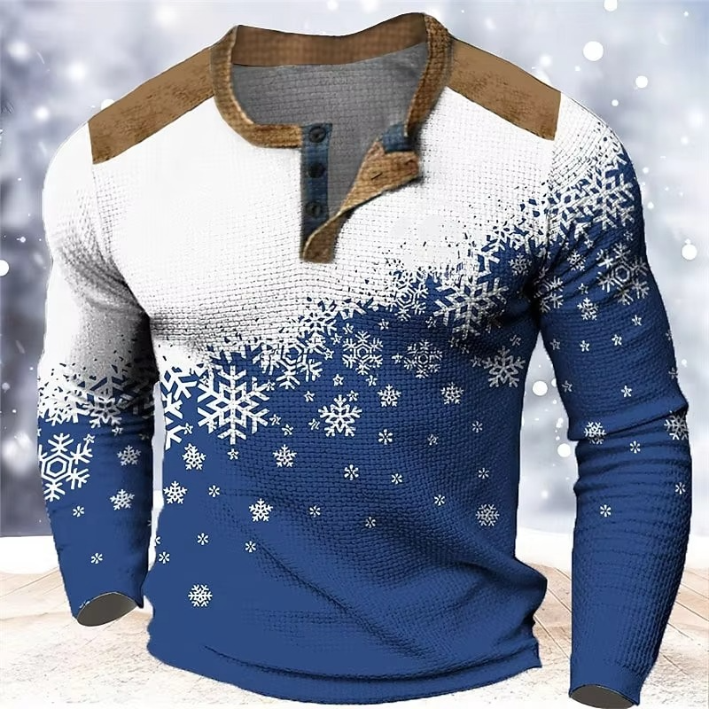 Festive Winter Snow 3D Graphic Mens Henley Shirt