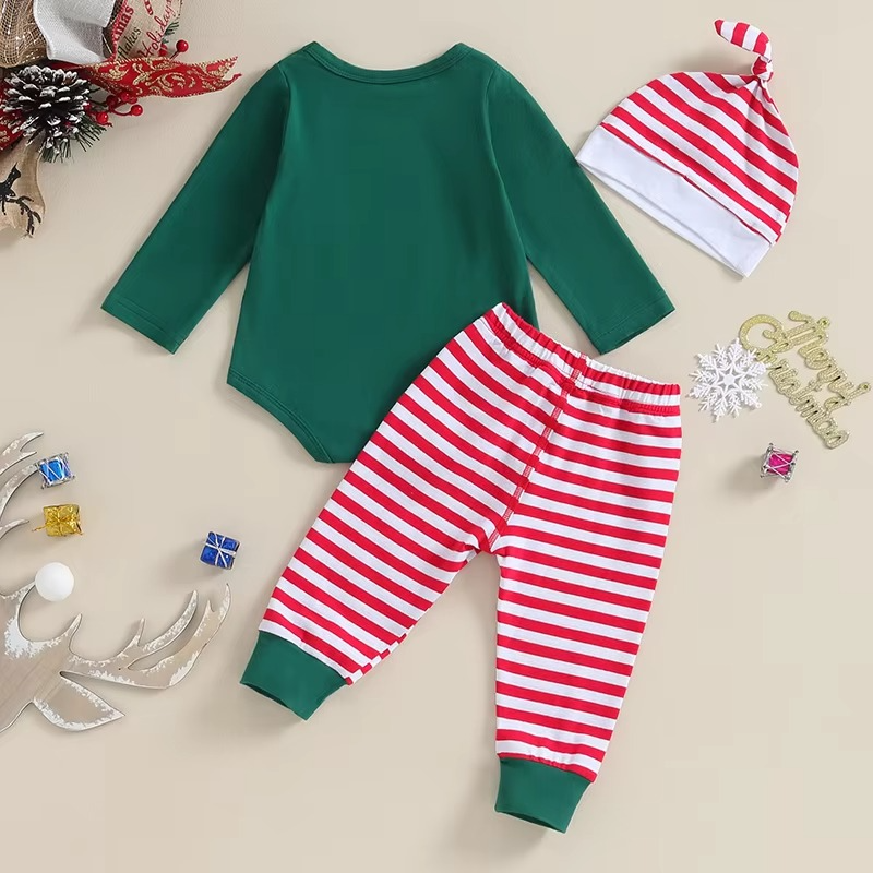 Soft Baby Holiday Romper Set with Stripe Pants and Hat