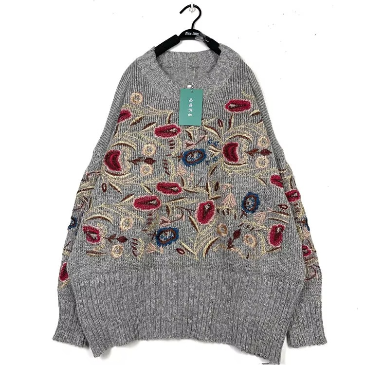 Classic Floral Embroidered Cozy Knit Sweater