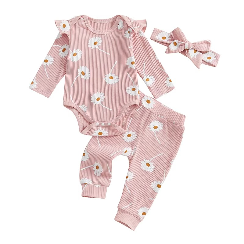 Cute Baby Girl Floral 3 Piece Set with Romper