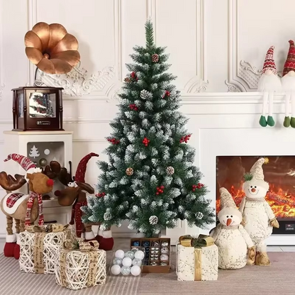 Realistic Christmas Tree with Snowy Pinecones and Red Ornaments