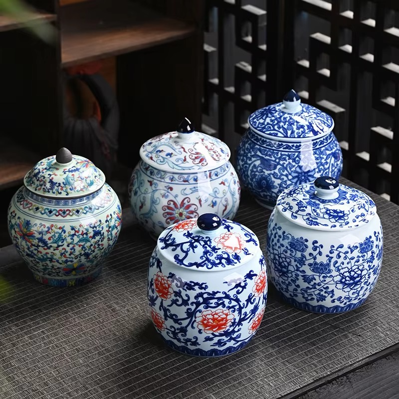 Ceramic White Blue Tea Canister Jar