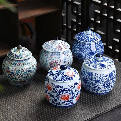 Ceramic White Blue Tea Canister Jar