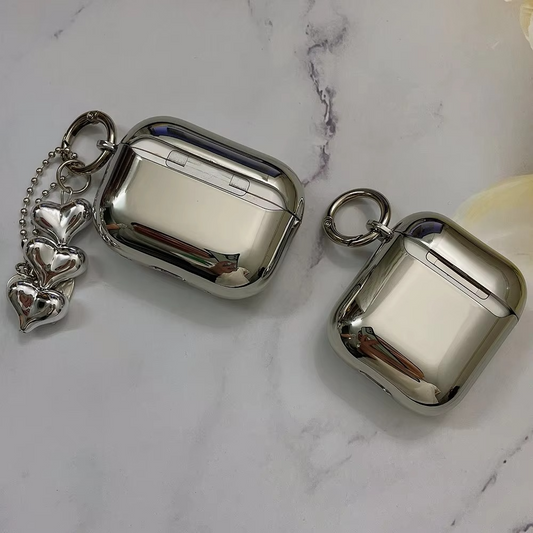 Shiny Silver AirPods Cover with Mirror Finish Keychain - Hehif