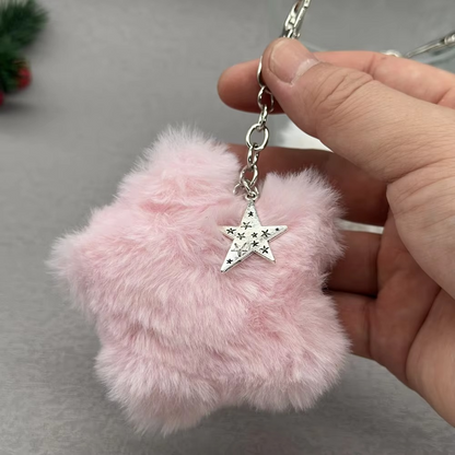 Soft Teddy Star Keychain with Fuzzy Pom Pom Ball