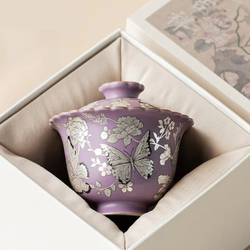 Colorful Ceramic Butterfly Tea Infuser Bowl with Lid - Hehif