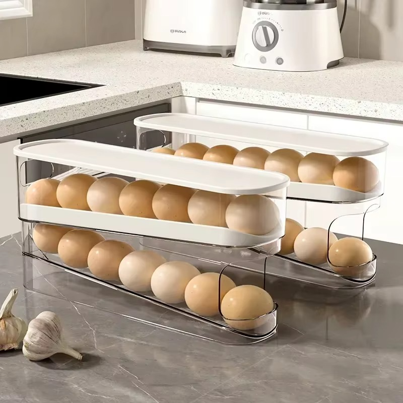 Easy Roll Egg Holder for Fridge, Double Layer Storage