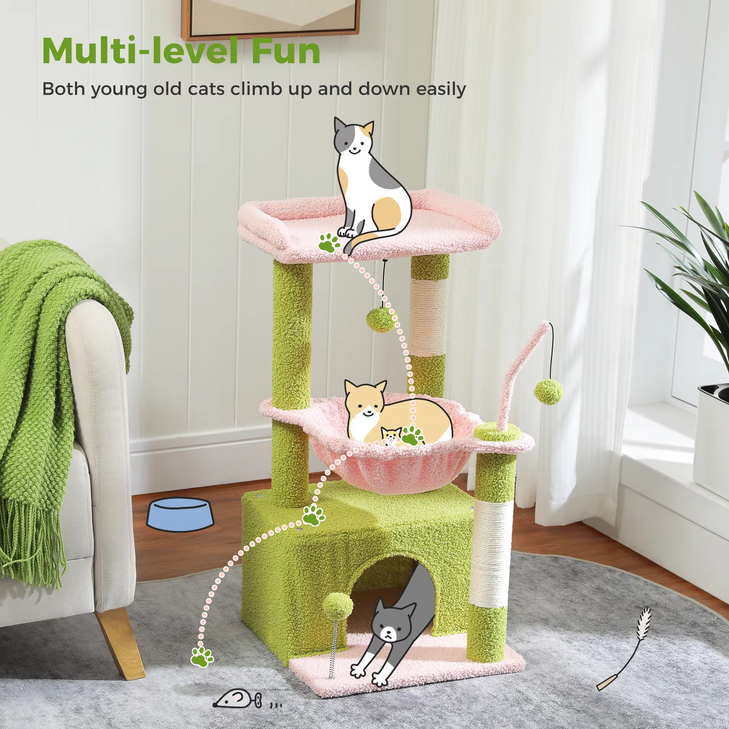 Cozy Cat Climbing Tower with Hideaway, Swing, and Scratcher