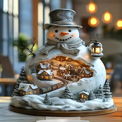 Colorful Holiday Desk Figurine With Rotating Snowman Scene
