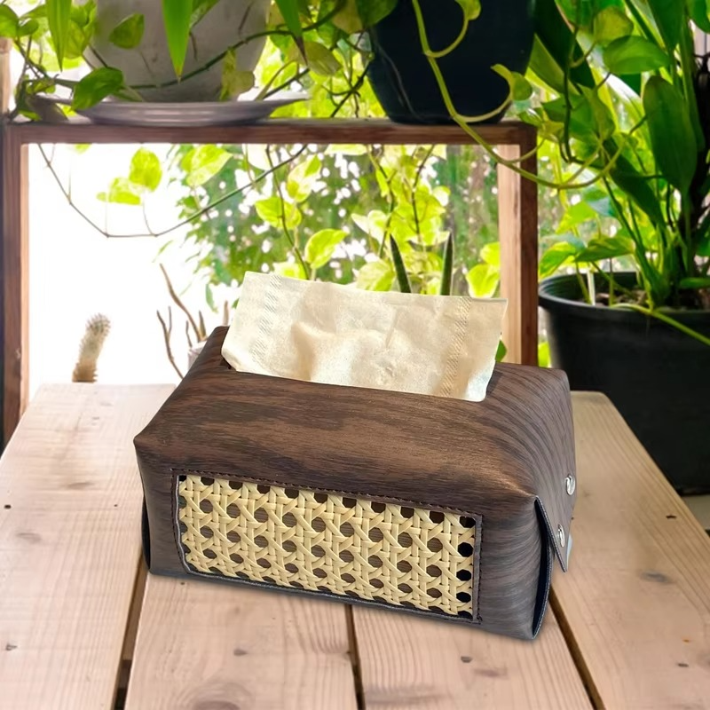 Classic Wooden Tissue Box with Carved Leather Detail