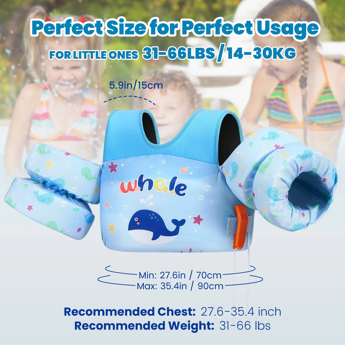 Childrens Swim Vest with Floaties and Safety Whistle