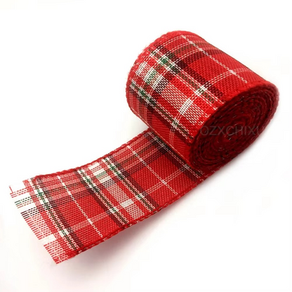 Holiday Plaid Ribbon, Red Green Snowflake Pattern, 6.5 Yards