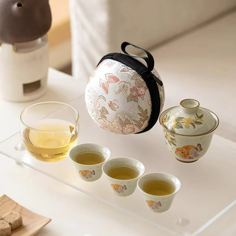 Compact Porcelain Travel Tea Infuser Set with Fish Pattern