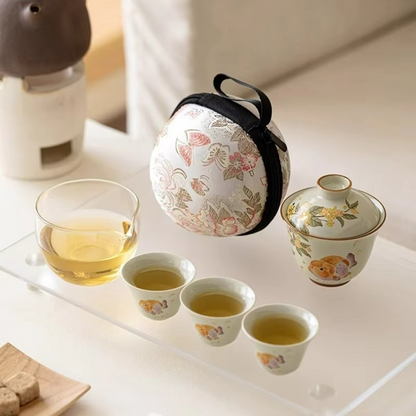 Compact Porcelain Travel Tea Infuser Set with Fish Pattern
