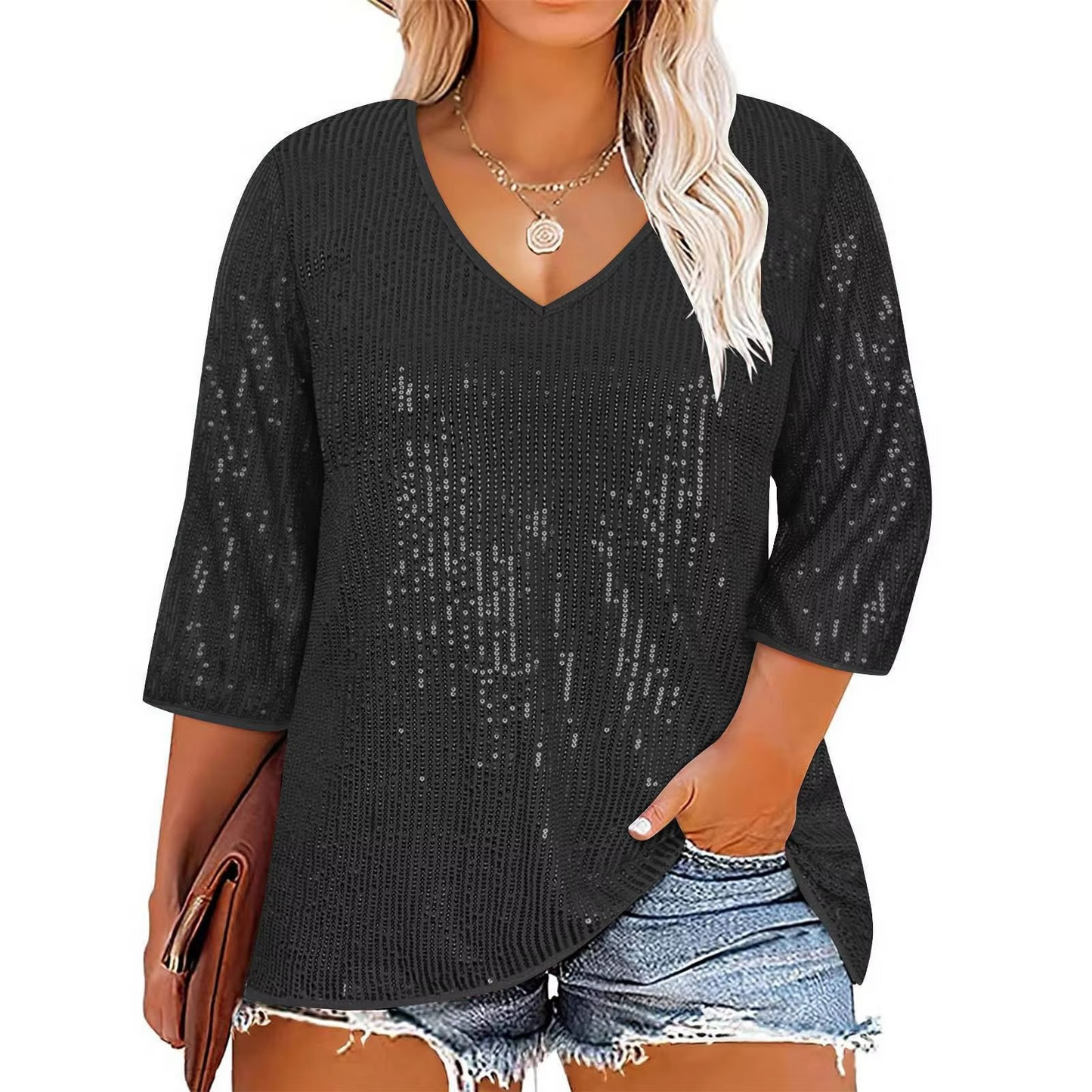 Comfy Oversized Glitter V Neck Long Sleeve Top