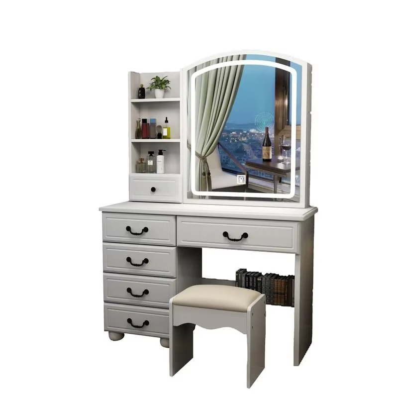 Stylish Oak Vanity Table with Mirror and Drawers - Hehif