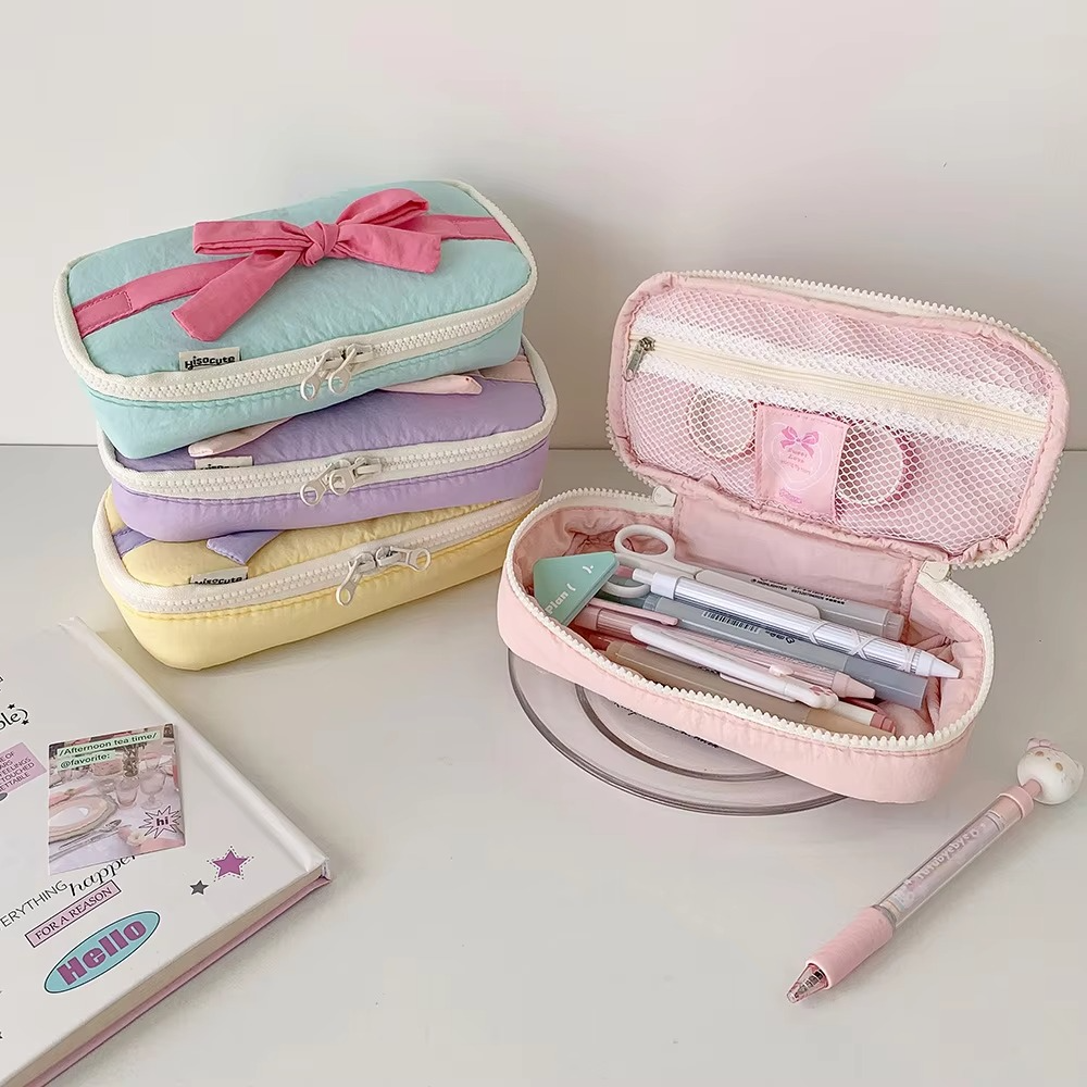 Simple Korean Cotton Pencil Bag with Ribbon Detail