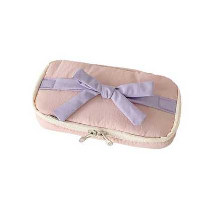 Simple Korean Cotton Pencil Bag with Ribbon Detail - Hehif