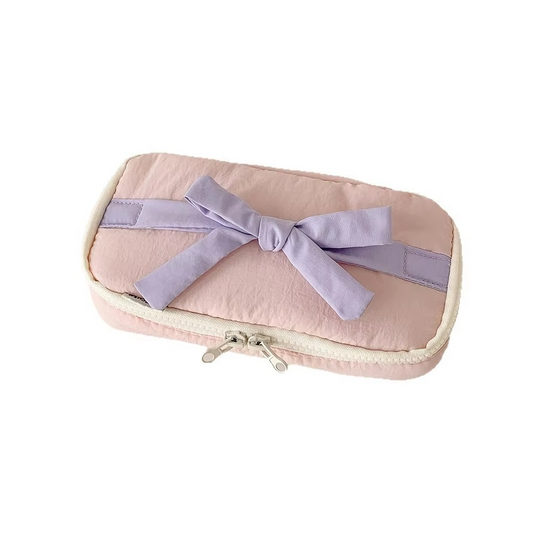 Simple Korean Cotton Pencil Bag with Ribbon Detail - Hehif