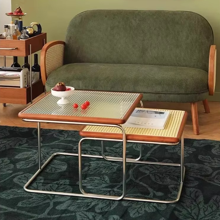Classic Wicker Coffee Table with Glass Top - Hehif