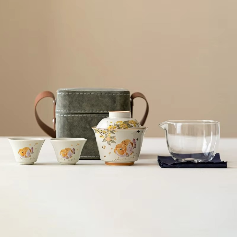 Compact Porcelain Travel Tea Infuser Set with Fish Pattern